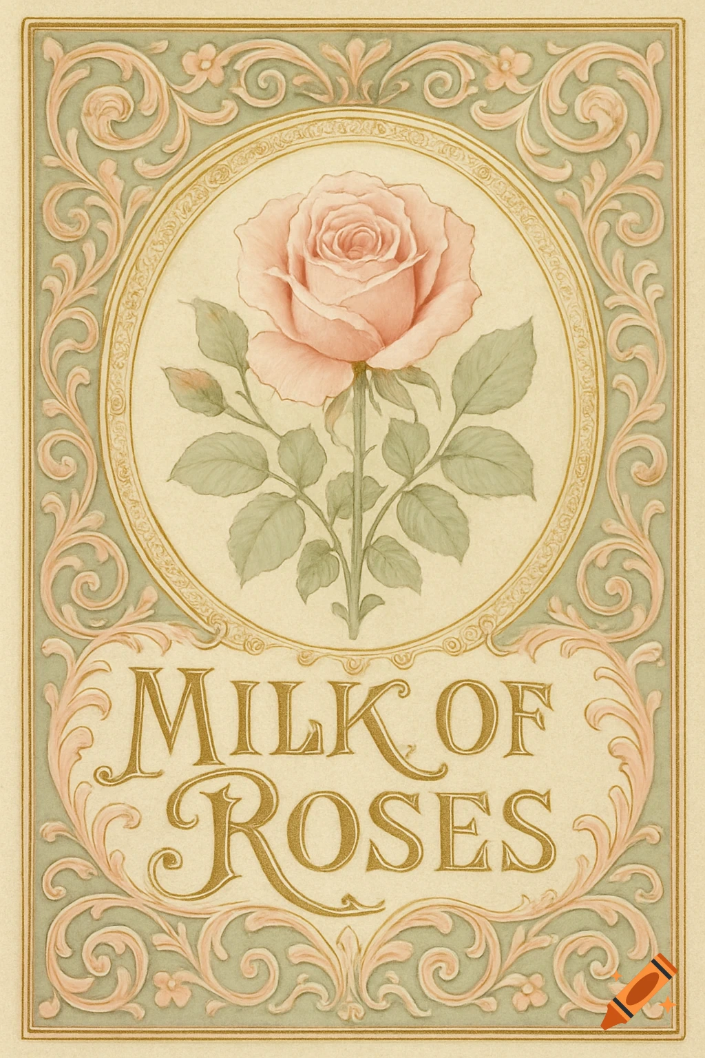 Vintage style label with a pink rose in an oval frame, ornate green and pink borders, and 'MILK OF ROSES' text.