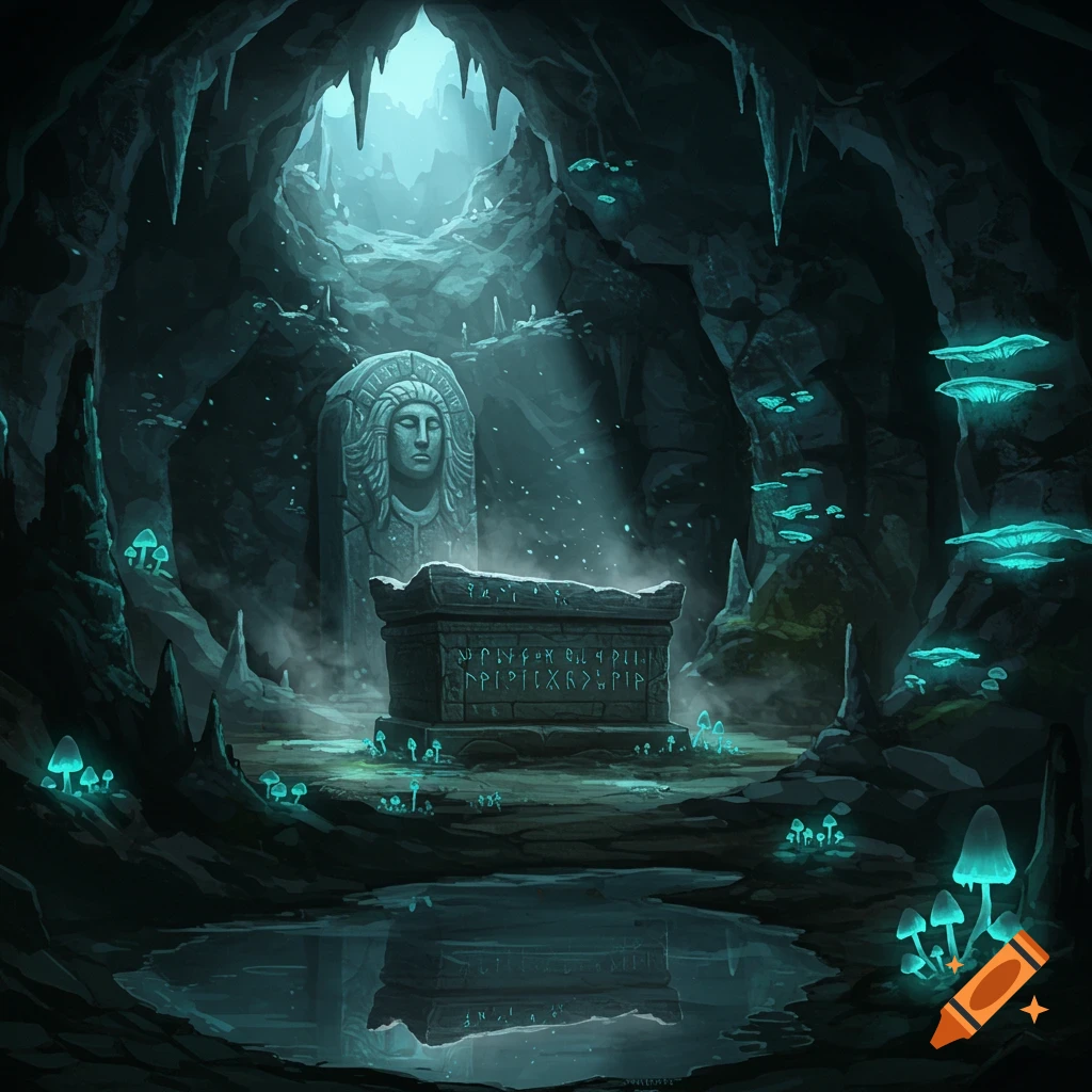 A mystical underground cave with a large stone tomb, ancient carvings, a carved stone head, and glowing blue mushrooms reflecting in a pool of water.