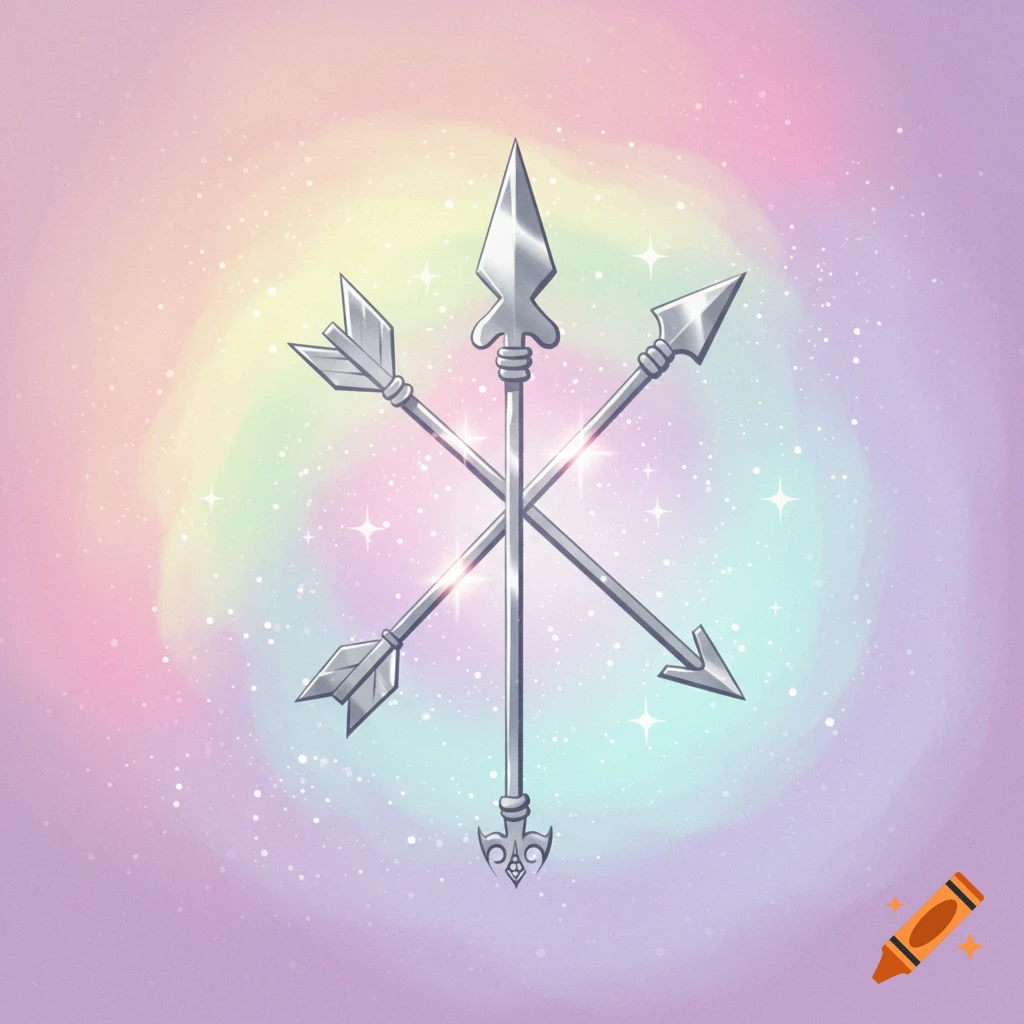 Shiny silver spear and two arrows crossed over a pastel rainbow cloud background with sparkles.