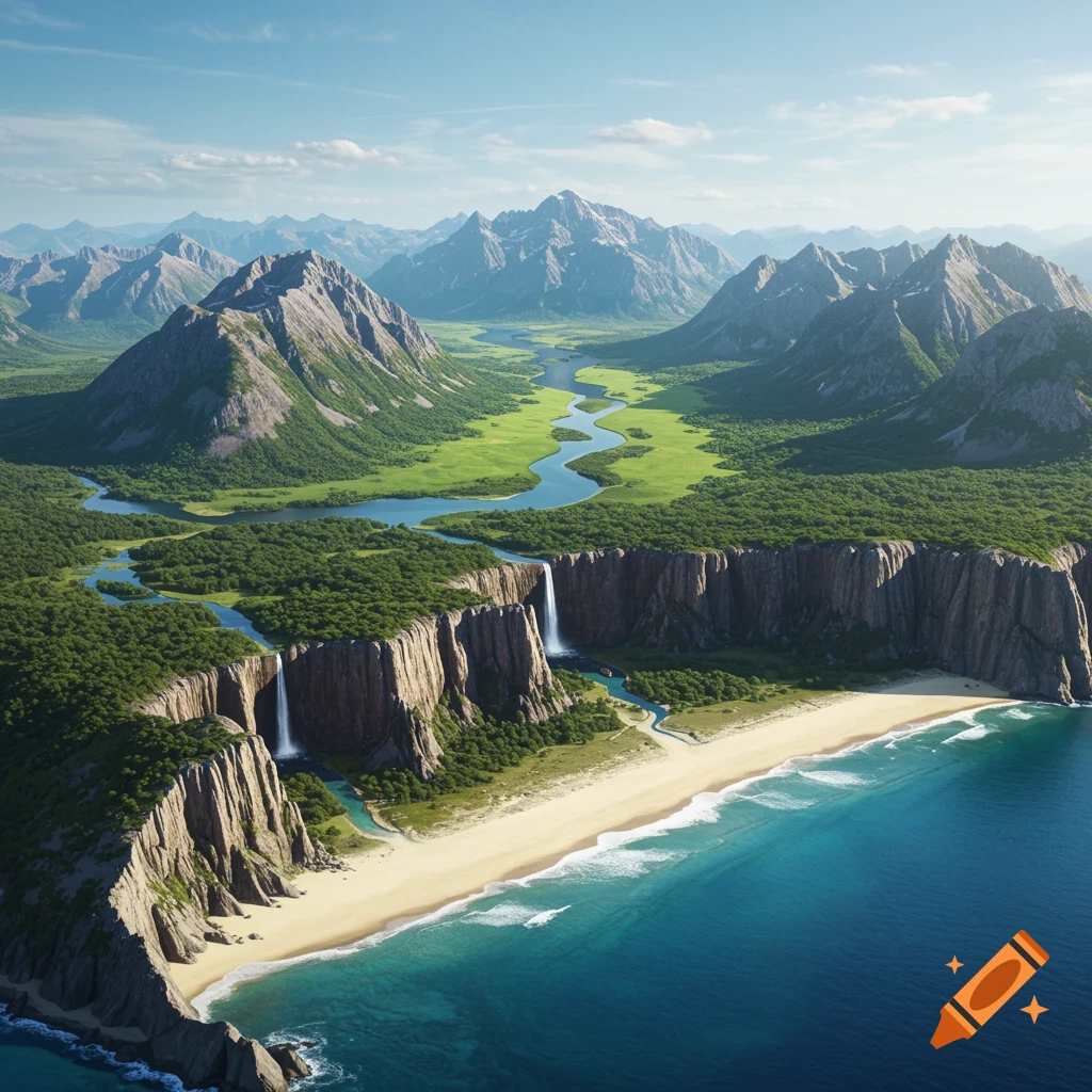 Photorealistic aerial view of a green valley, winding river, waterfalls over cliffs to a sandy beach, turquoise sea, and mountains.