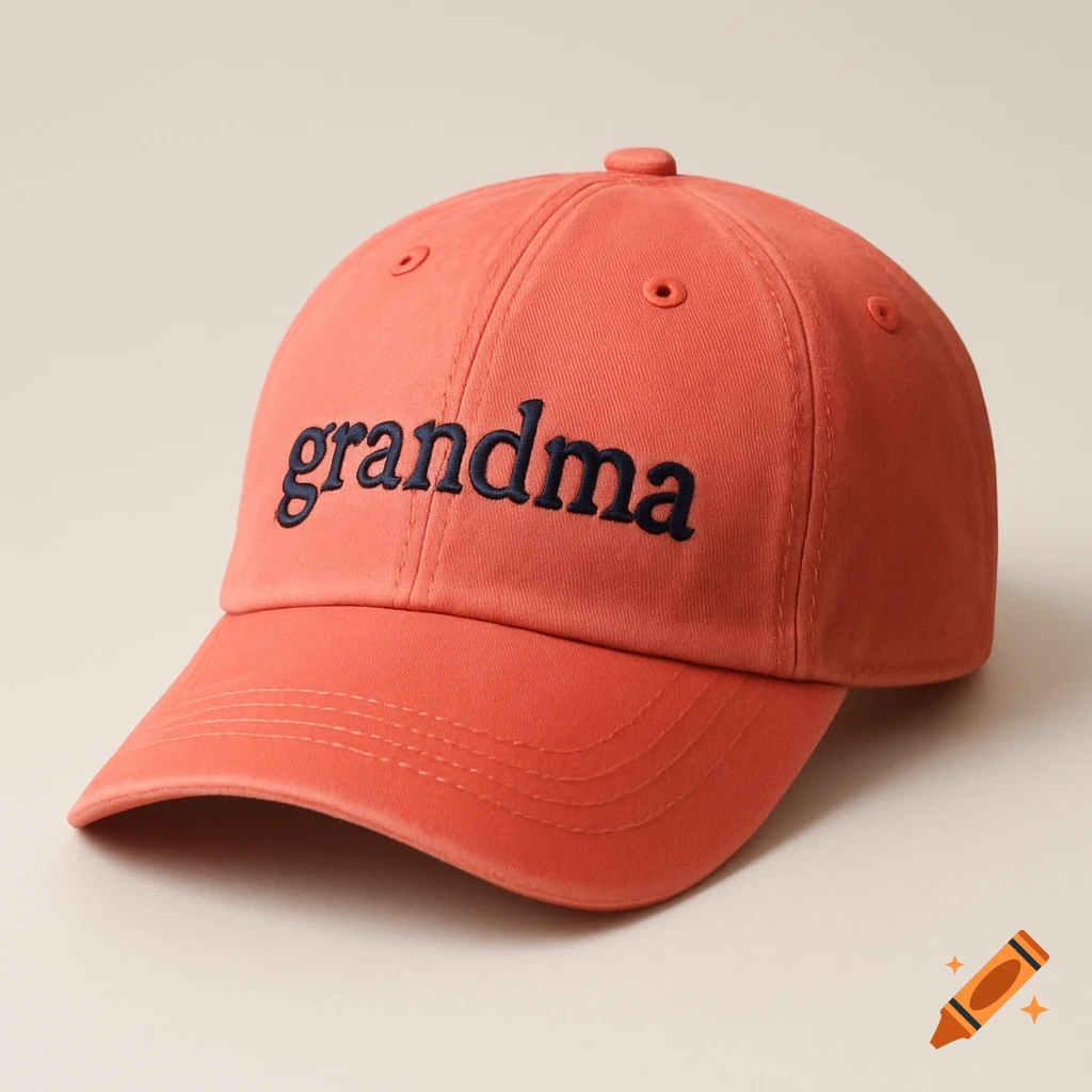 A coral-colored baseball cap with "grandma" embroidered in navy blue on the front.