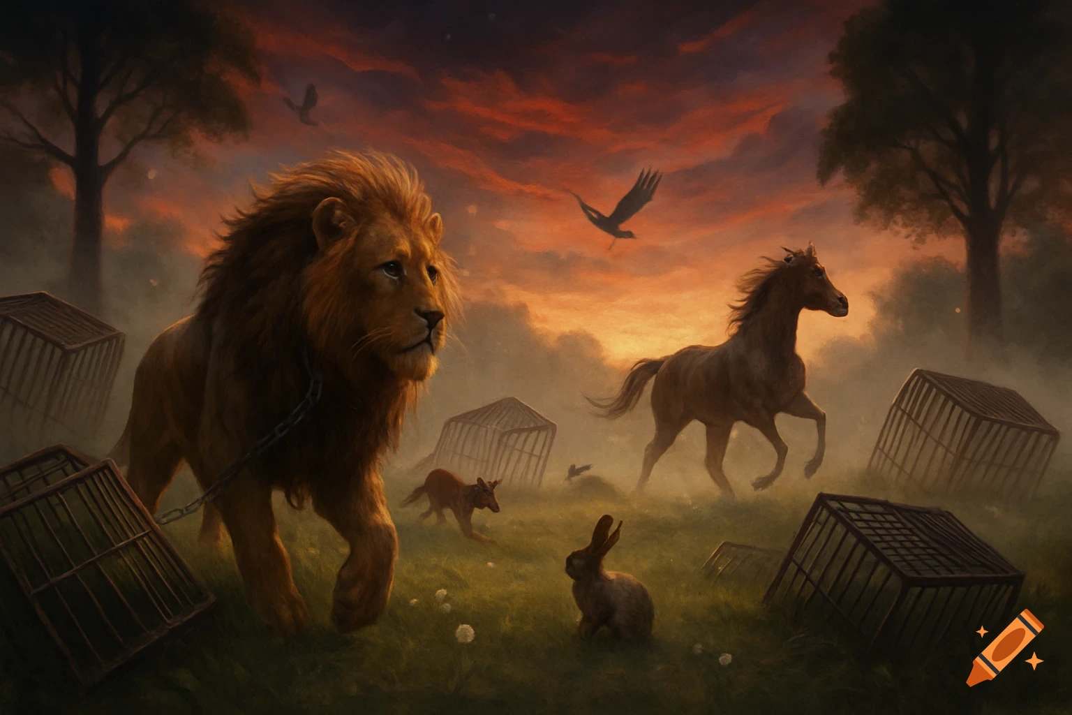 A chained lion, a horse, a rabbit, and a fox-like animal roam free among broken cages in a grassy field under a dramatic orange sunset sky with birds.