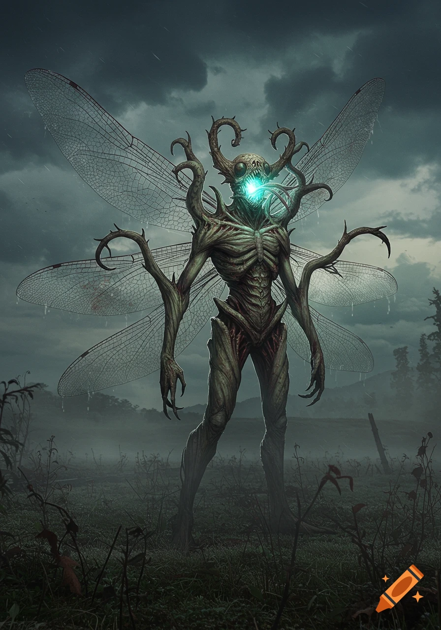 A terrifying human-dragonfly hybrid monster with glowing eyes and large translucent wings stands in a misty, dark landscape under a stormy sky.