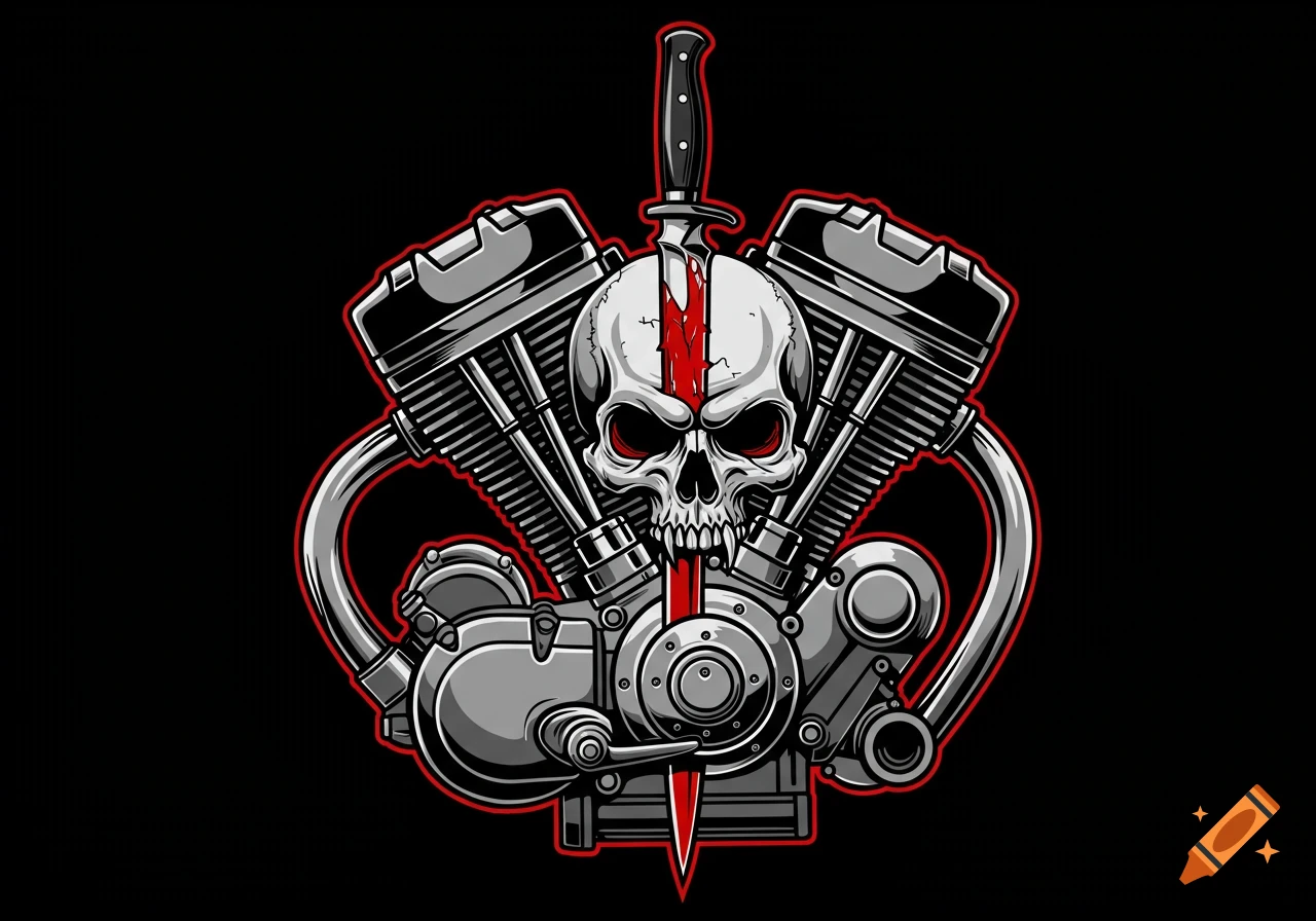 A stylized illustration of a skull impaled by a knife, centered within a motorcycle V-twin engine, with red outlines on a black background.