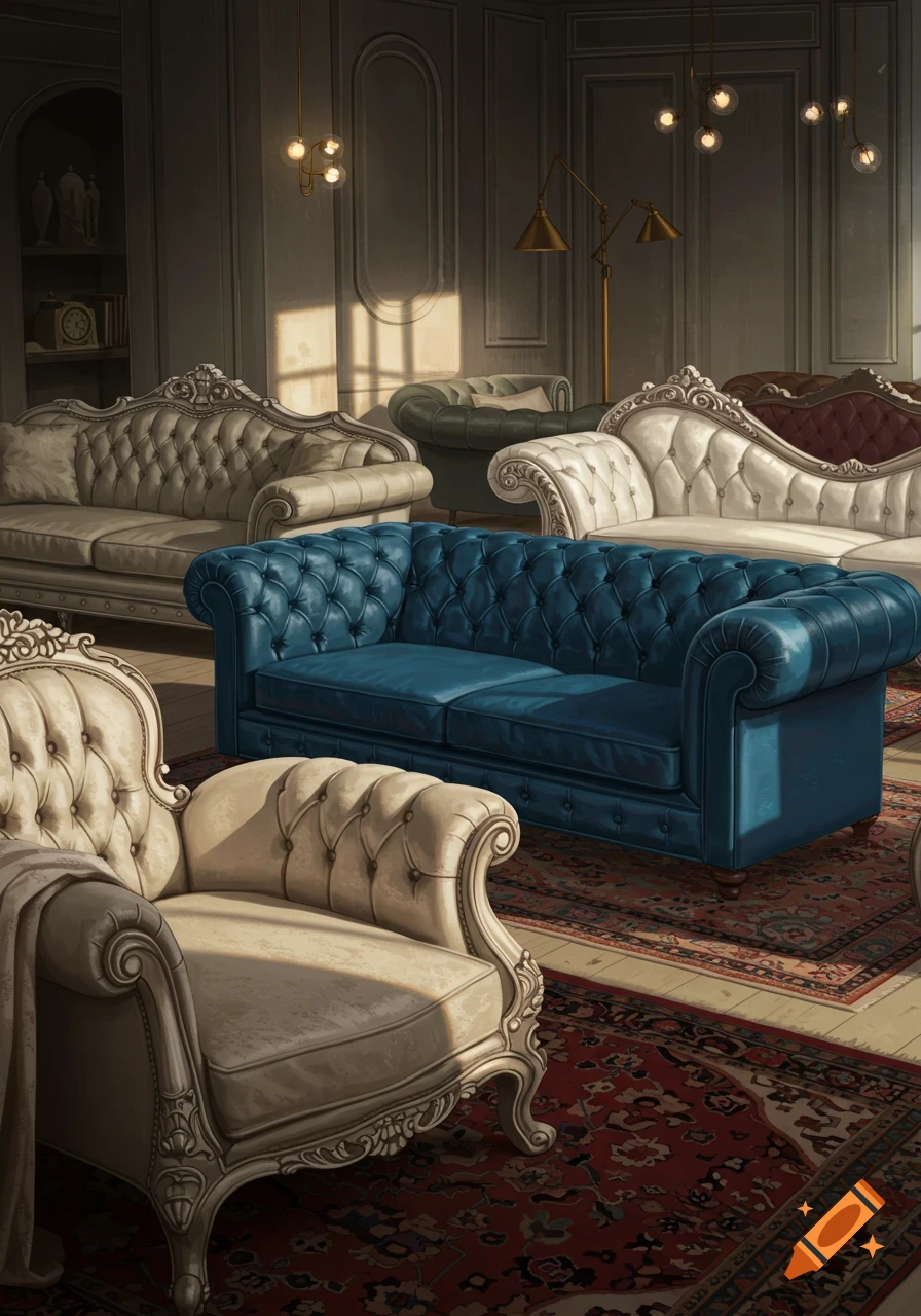 A luxurious room filled with various ornate sofas and chairs, including a prominent blue tufted sofa in the foreground.