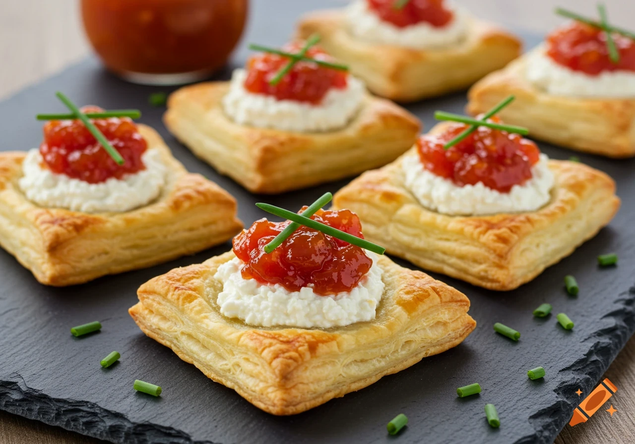 Golden puff pastry squares topped with whipped cheese, roasted tomato confit jam, and chives on a slate platter.