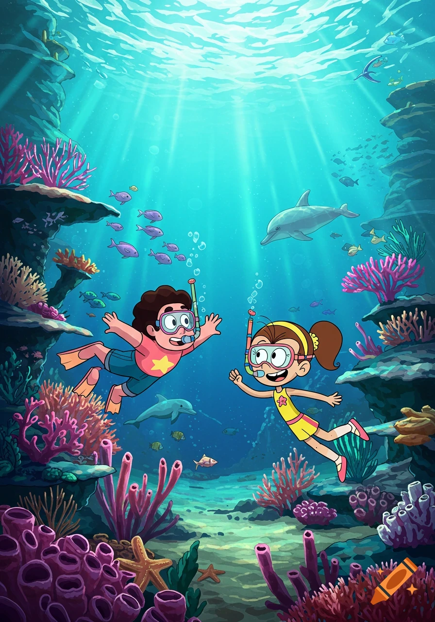 Cartoon characters Steven Universe and Luan Loud snorkel with dolphins and fish in a vibrant coral reef.