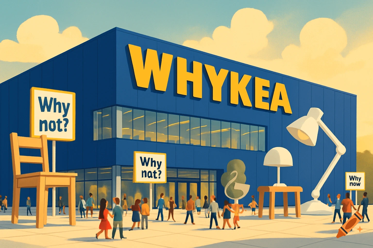 Stylized illustration of a large blue store named WHYKEA, with people and giant furniture items like a chair and lamp outside.