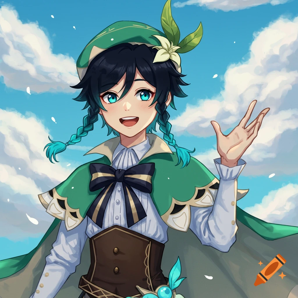 Anime character Venti from Genshin Impact, smiling and waving, against a blue sky with clouds.