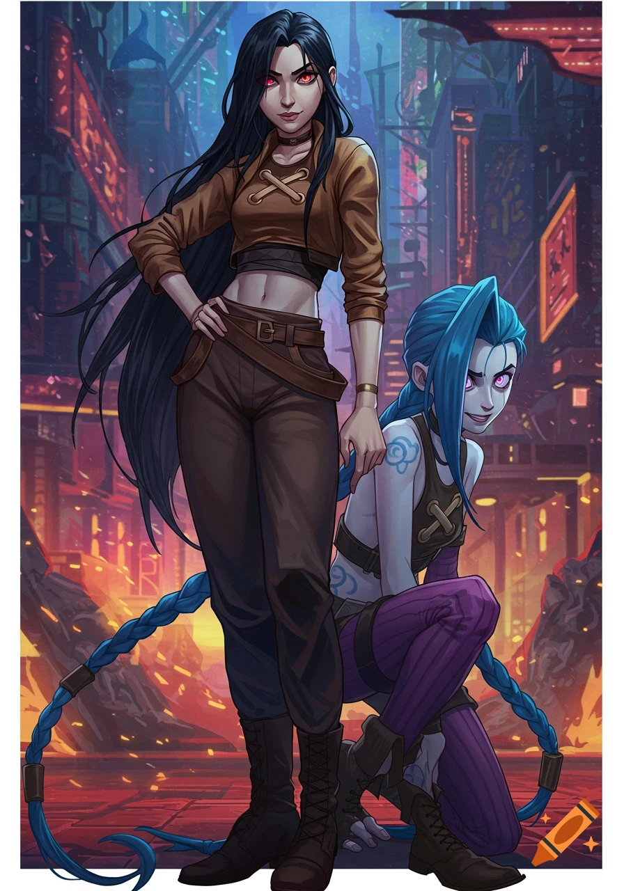 An illustration of two women from Arcane: a tall woman with long black hair, brown crop top, and red eyes stands while Jinx with blue braids and purple eyes kneels beside her in a neon city.