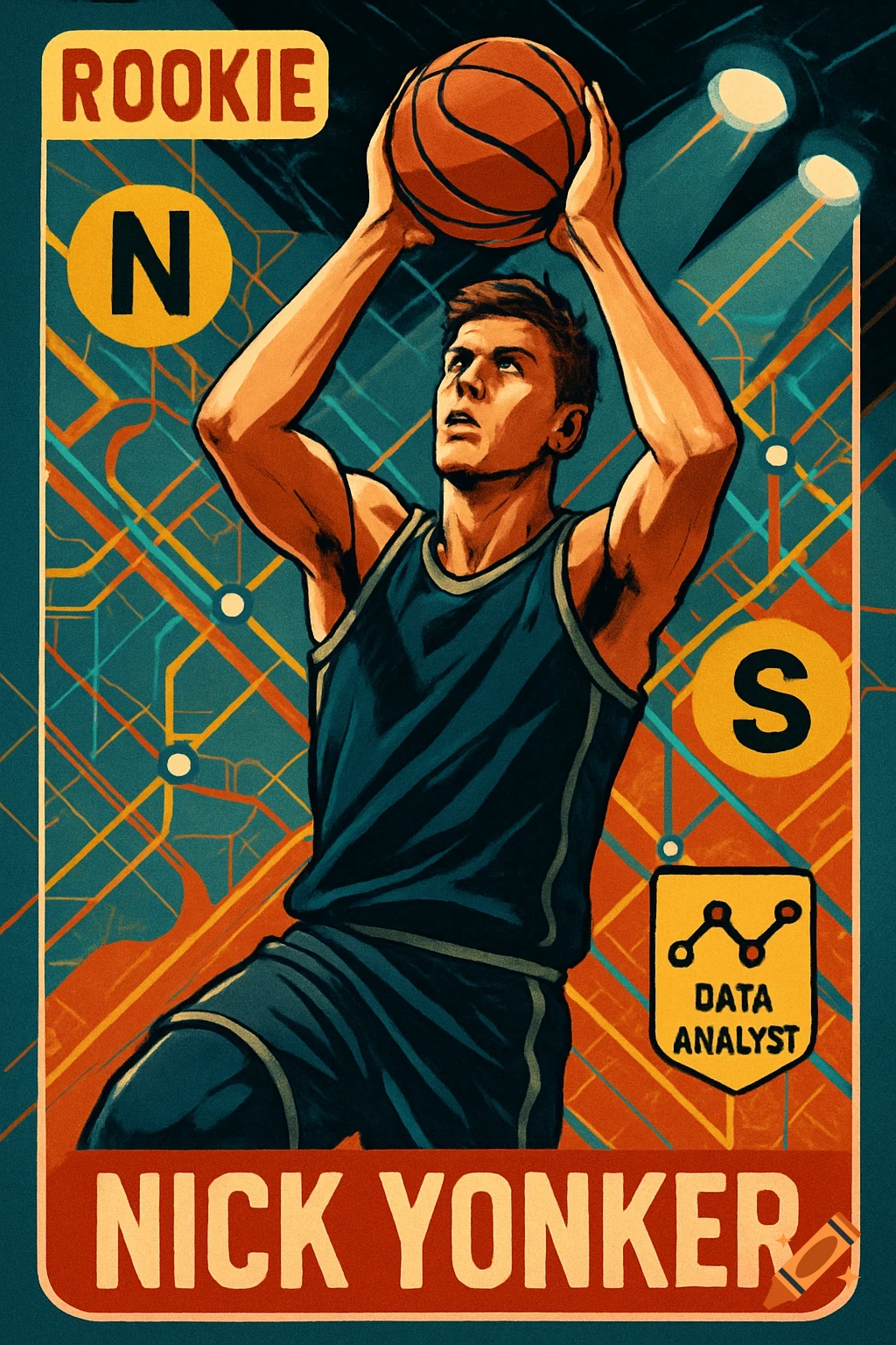 An illustrated basketball trading card for rookie Nick Yonker, depicted mid-shot against a background of abstract lines and subway map graphics.