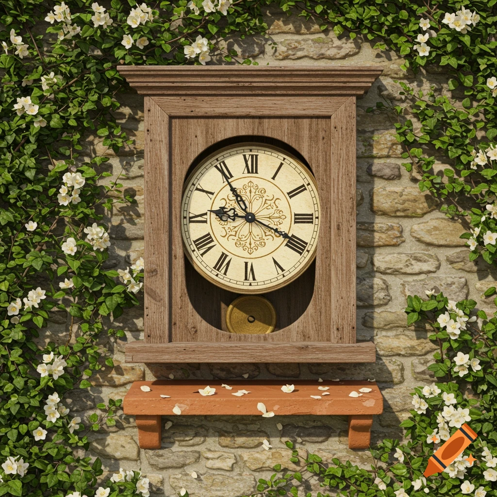 A wooden square-framed clock mounted on a stone wall covered in white flowering vines, with a small terracotta shelf.