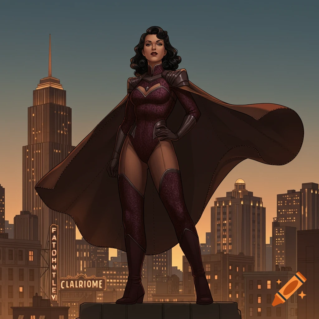 A retro-style superhero woman in a purple suit and cape stands on a rooftop overlooking a city at sunset, in a comic book art style.