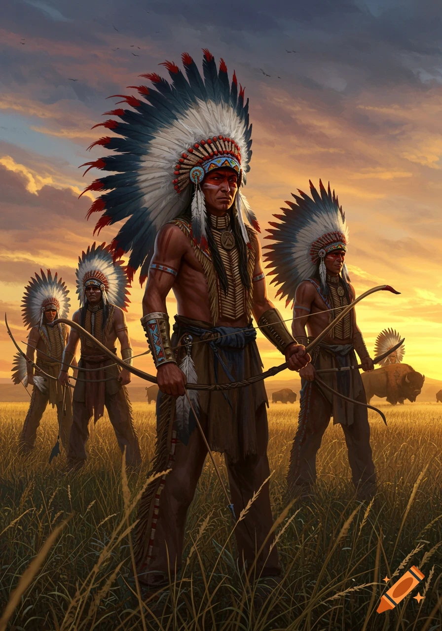 Four Native American men in traditional feathered headdresses stand in a grassy field holding bows at sunset, with buffalo in the background.