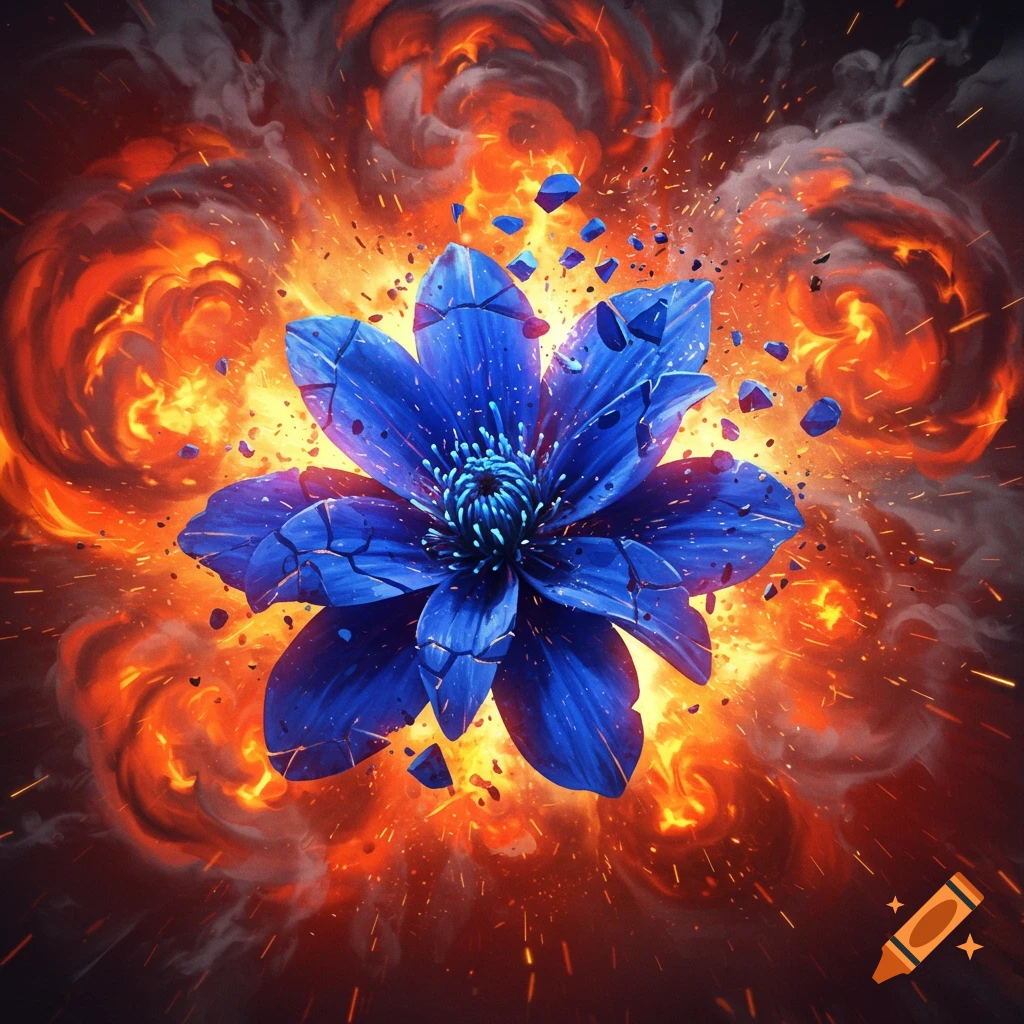 A blue flower shattering amidst a fiery explosion, with debris and sparks flying.