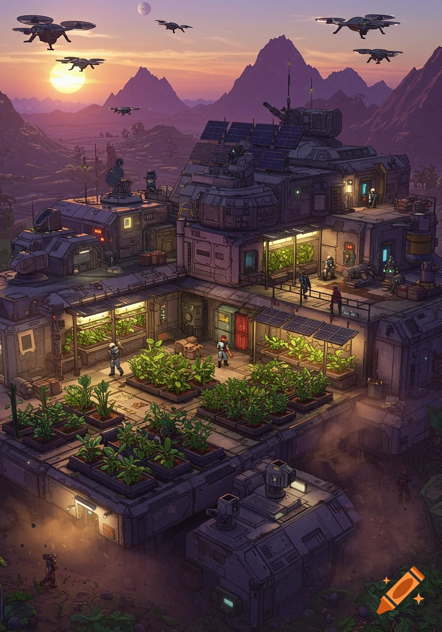 A futuristic modular base with agricultural sections, solar panels, and various inhabitants, set against a mountainous sunset with flying drones.