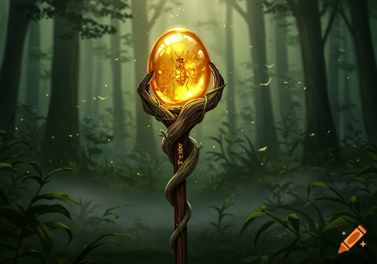 A glowing amber orb with an insect encased inside is held atop a gnarled wooden staff, set against a mystical, misty forest background.