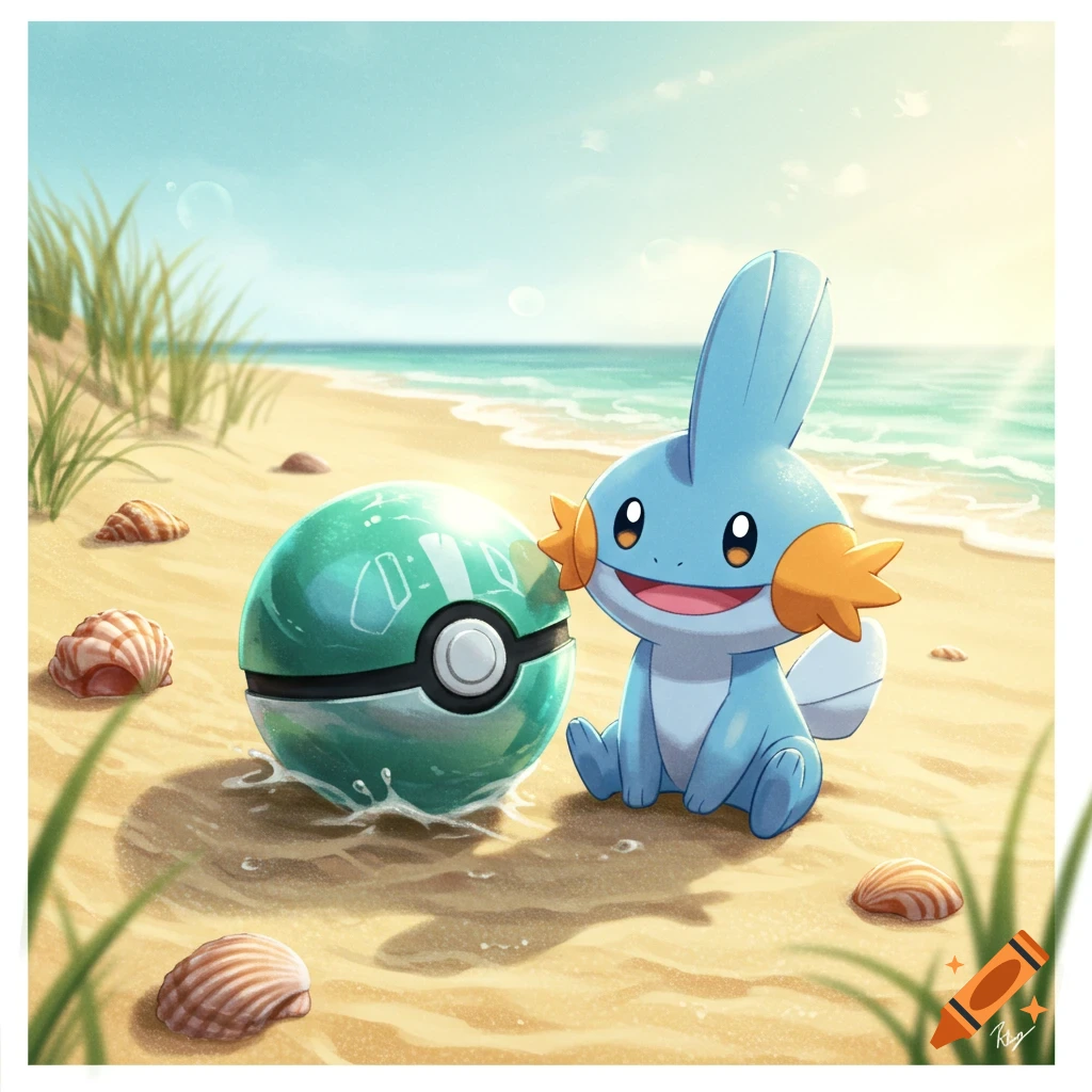 A happy blue Mudkip sitting next to a green Dive Ball on a sunny sandy beach with seashells and ocean in the background.
