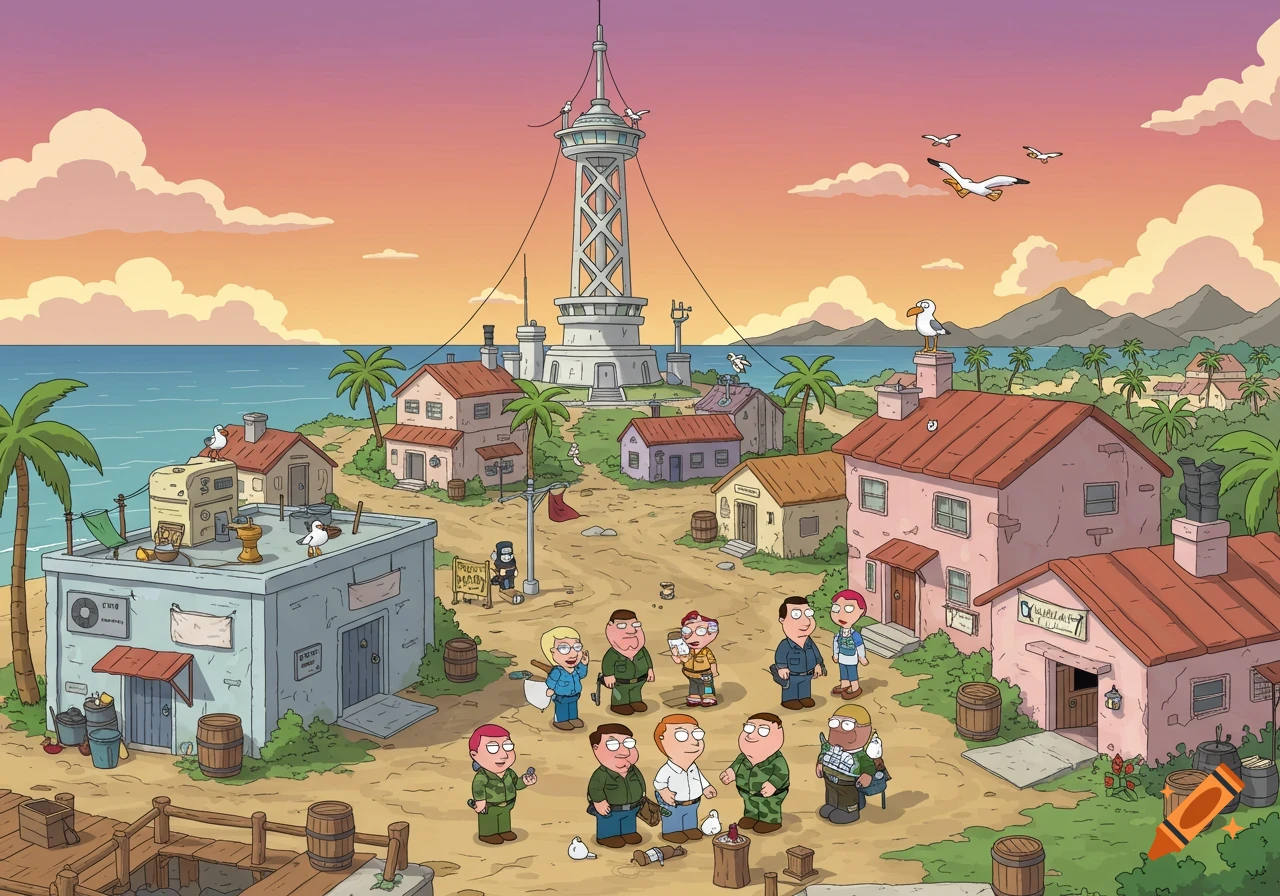 A cartoon island with Family Guy characters, houses, a large tower, and palm trees under an orange and purple sunset sky.