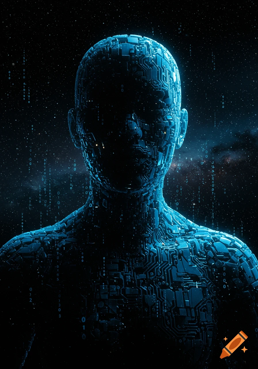 A human-like figure made of glowing blue circuit boards against a dark, starry background with falling binary code.