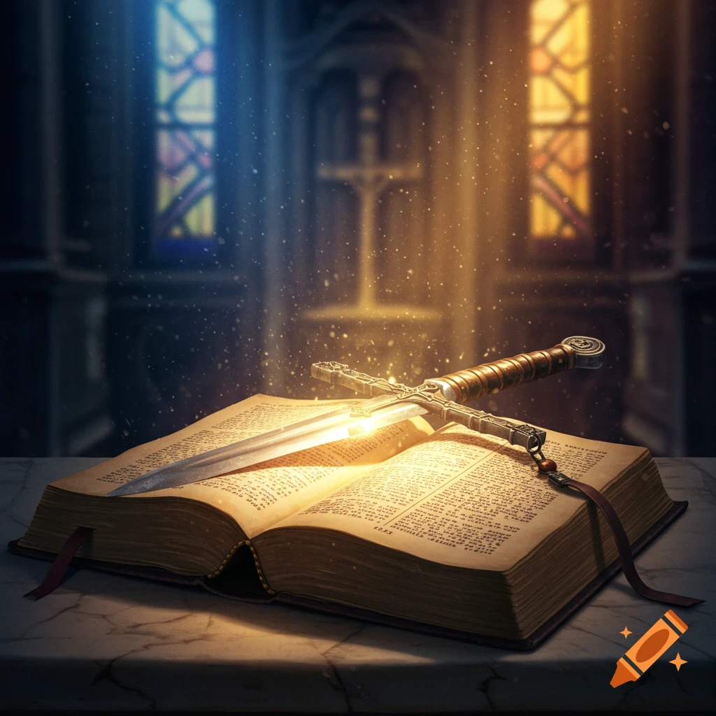 An open bible with a glowing sword resting on its pages, on a marble table in a dimly lit church with stained-glass windows.