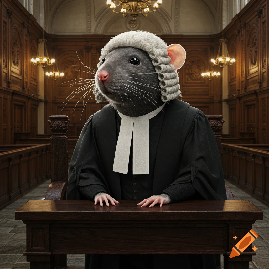 A realistic rat in a judge's wig and robe sits at a wooden bench in a courtroom.