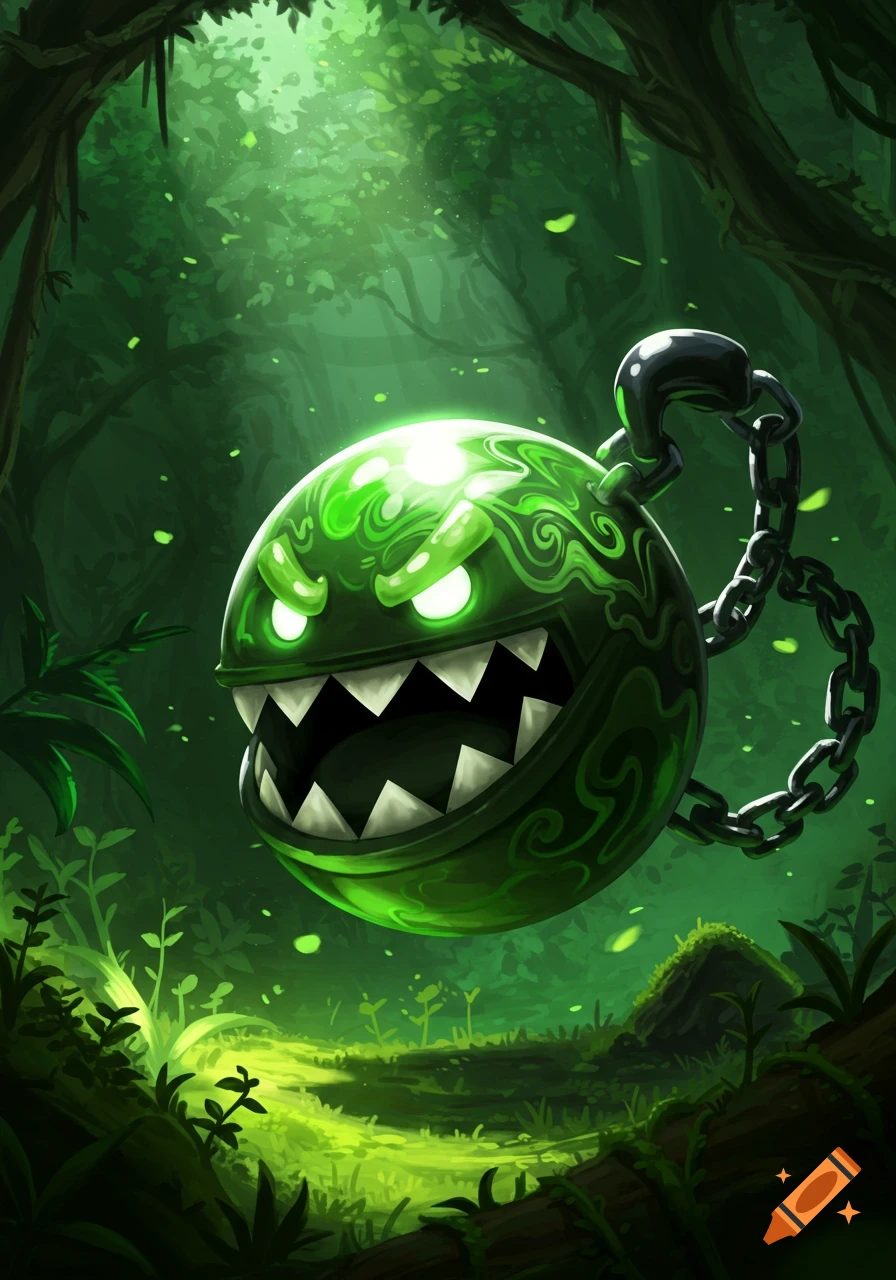 A stylized glowing green Chain Chomp-like creature with sharp teeth and a chain floats in a dark, lush green forest.
