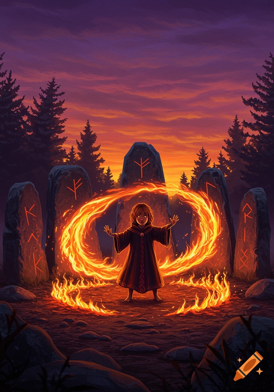 A child cultist in a dark robe stands in a forest clearing at sunset, surrounded by ancient runic stones, conjuring a swirling ring of fire.