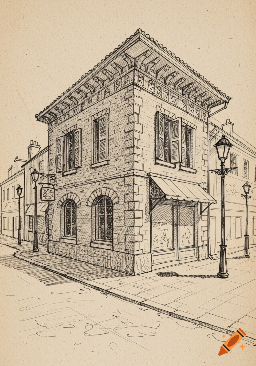 A detailed pencil sketch of a two-story stone building on a street corner with lampposts and other buildings in the background, drawn on textured paper.