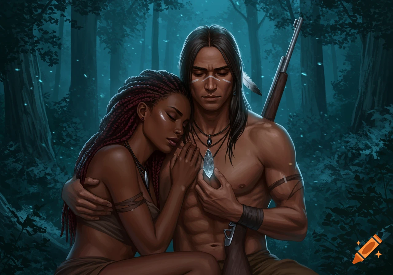 Digital painting of a man and woman embracing in a dark, glowing forest. The woman leans on the man, who holds a shining crystal.