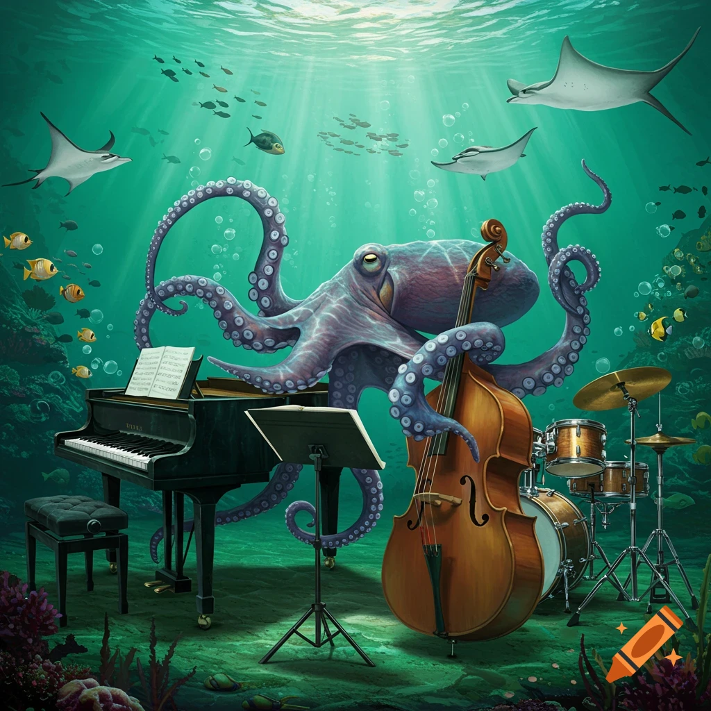 A purple octopus plays a piano, upright bass, and drums on the ocean floor, surrounded by fish and stingrays in bright, sunlit water.