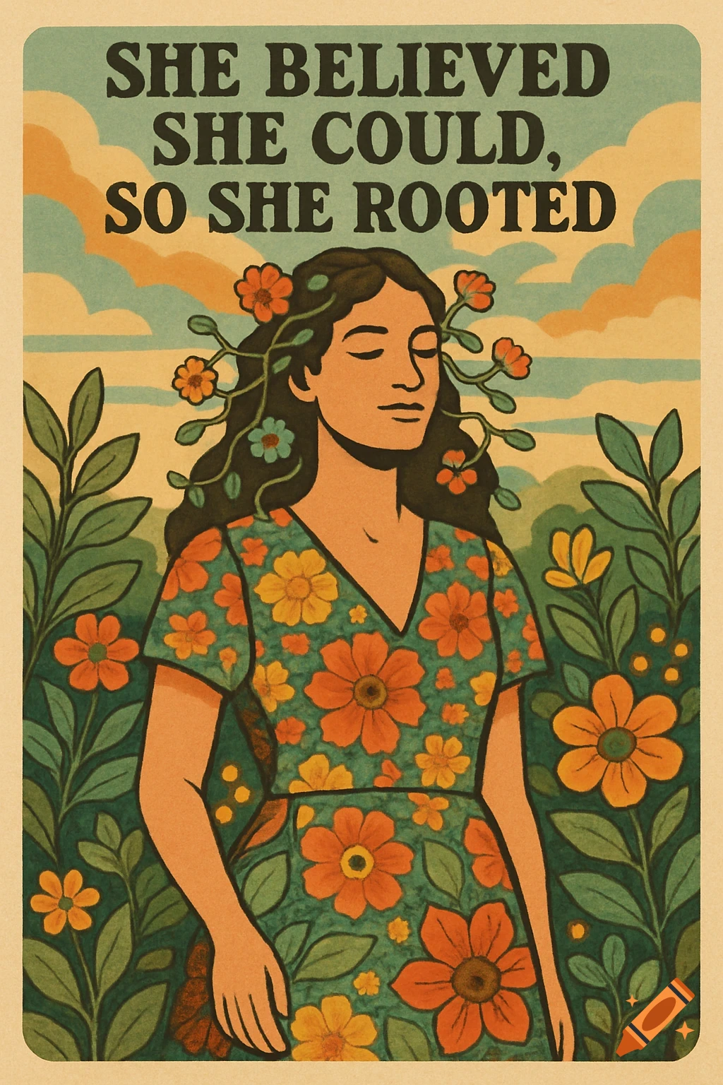 A retro-styled illustration of a woman with her eyes closed, surrounded by plants and flowers, with the text 'SHE BELIEVED SHE COULD, SO SHE ROOTED' above.