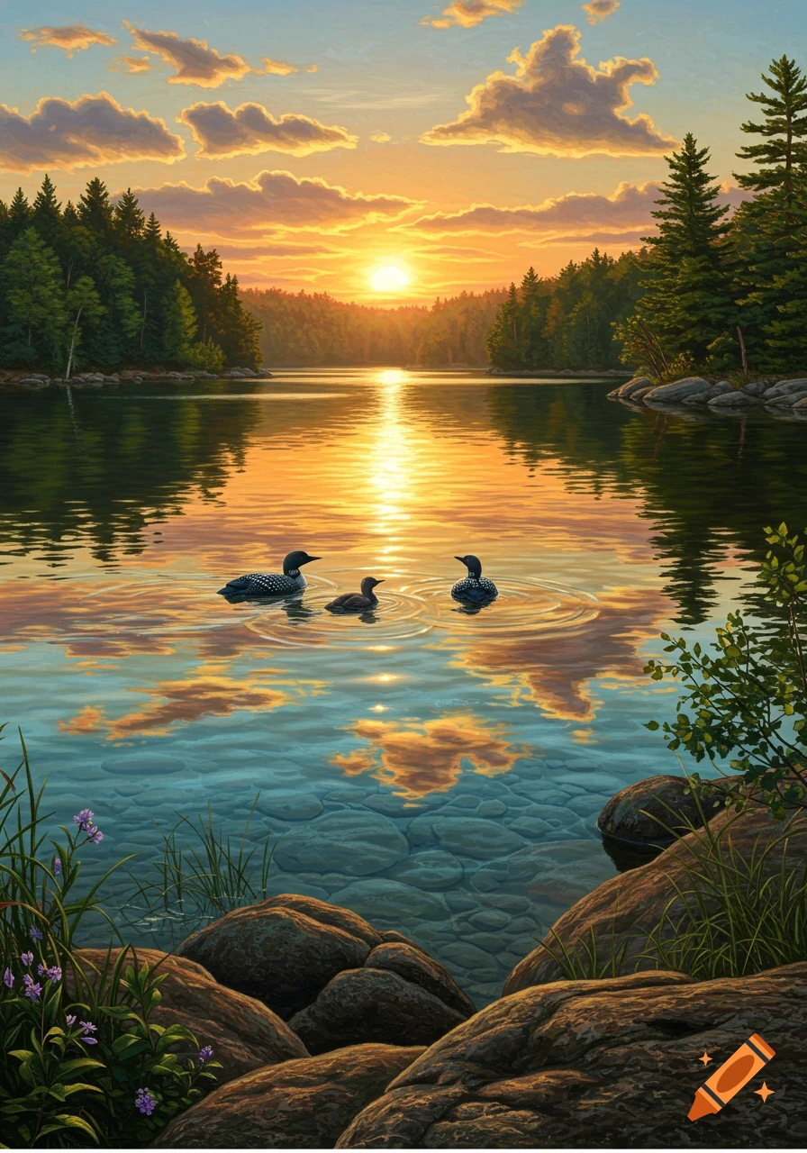 A painterly sunset over a serene lake, with three loons swimming on the calm water, reflecting golden light and clouds amidst a dense forest.