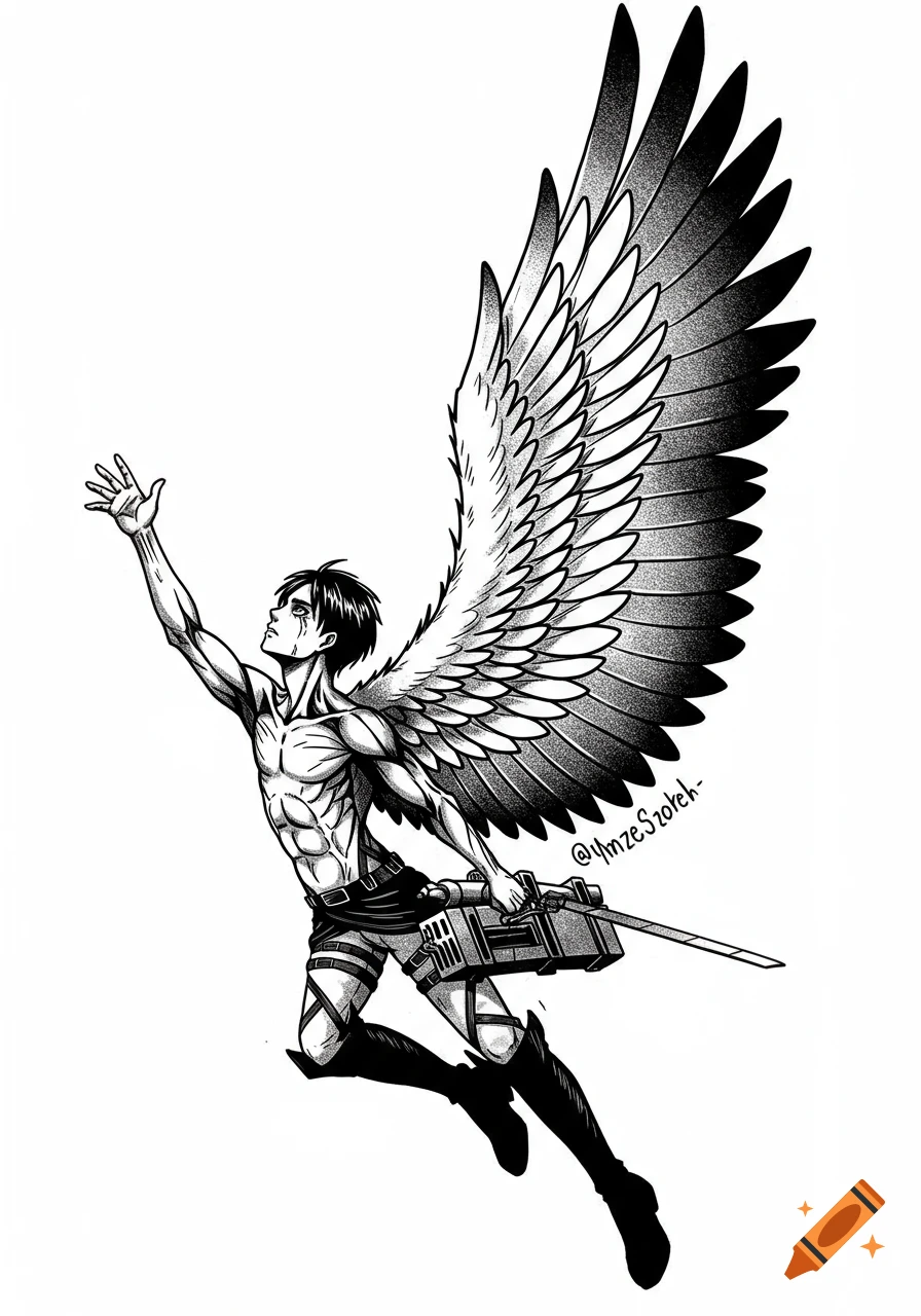 Black and white tattoo-style illustration of Eren Yeager with a realistic wing and a Scout Regiment emblem wing, reaching up dramatically.
