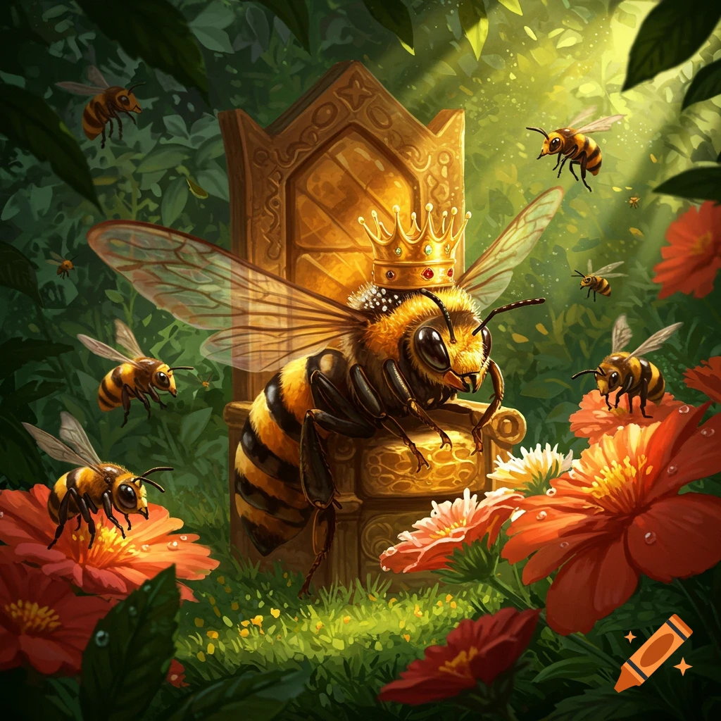A crowned queen bee sits on a golden throne amidst red flowers, surrounded by other bees in a lush, vibrant garden.