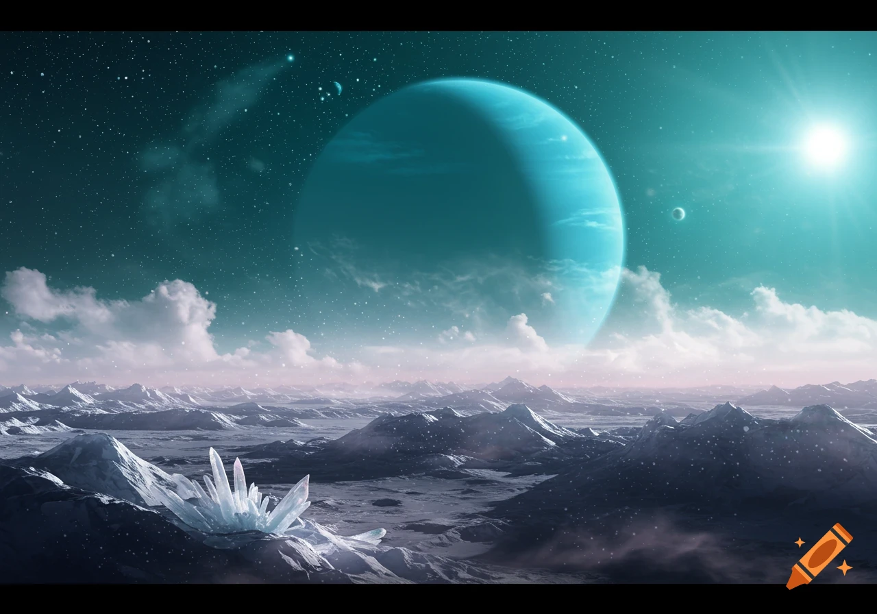 Vast icy alien landscape with mountains and glowing blue crystals under a starry, teal sky dominated by a large turquoise planet and a bright sun.