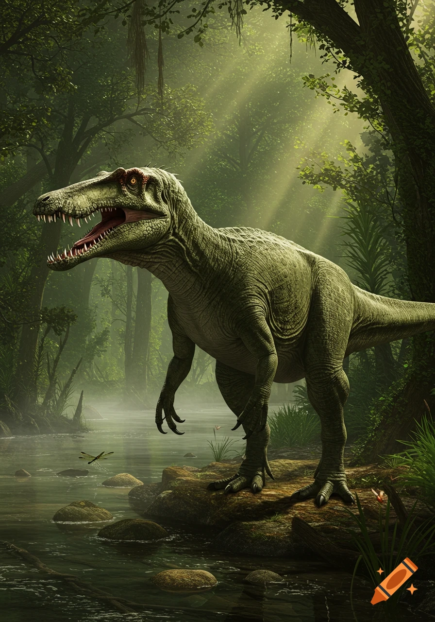 A photorealistic depiction of a Baryonyx standing on rocks in a misty, sunlit jungle stream.