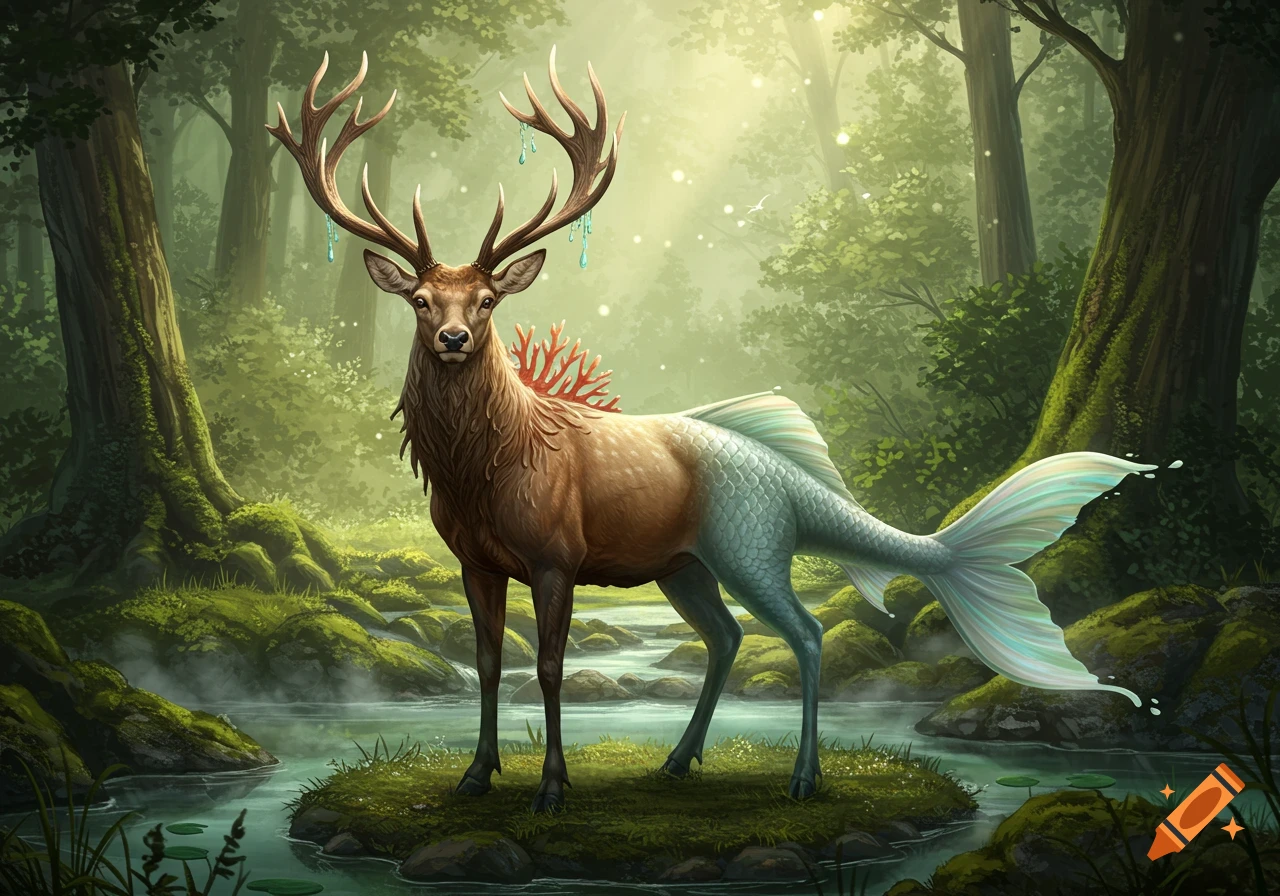 A fantastical creature, part deer and part fish, stands in a shallow stream in a lush, sunlit forest.