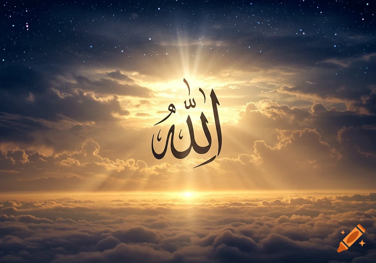 Arabic calligraphy for 'Allah' illuminated by sun rays in a starry, cloudy sky.