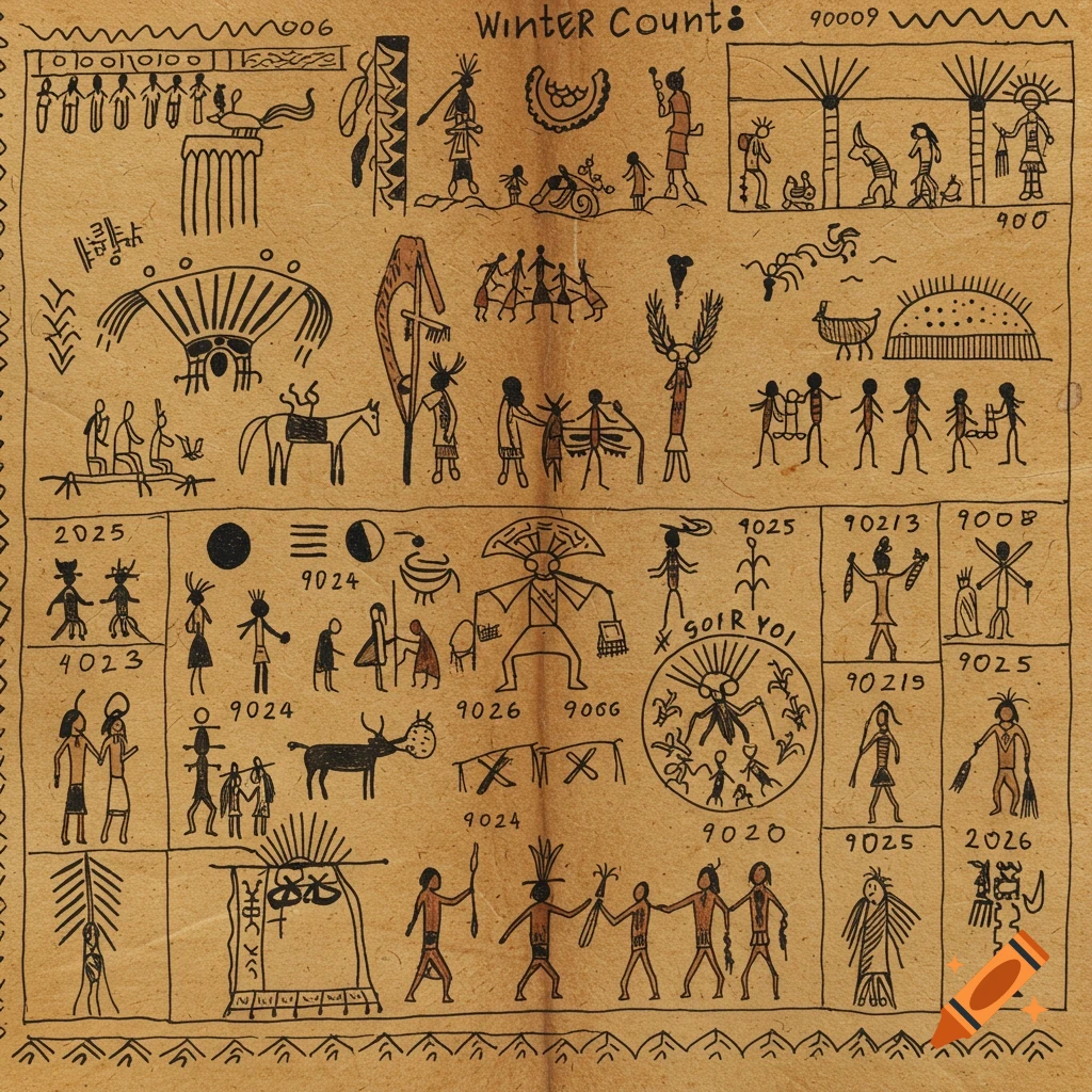 An ancient Indigenous historical record resembling a Winter Count, featuring detailed black line drawings of stick figures, animals, and symbols on a textured brown paper background.