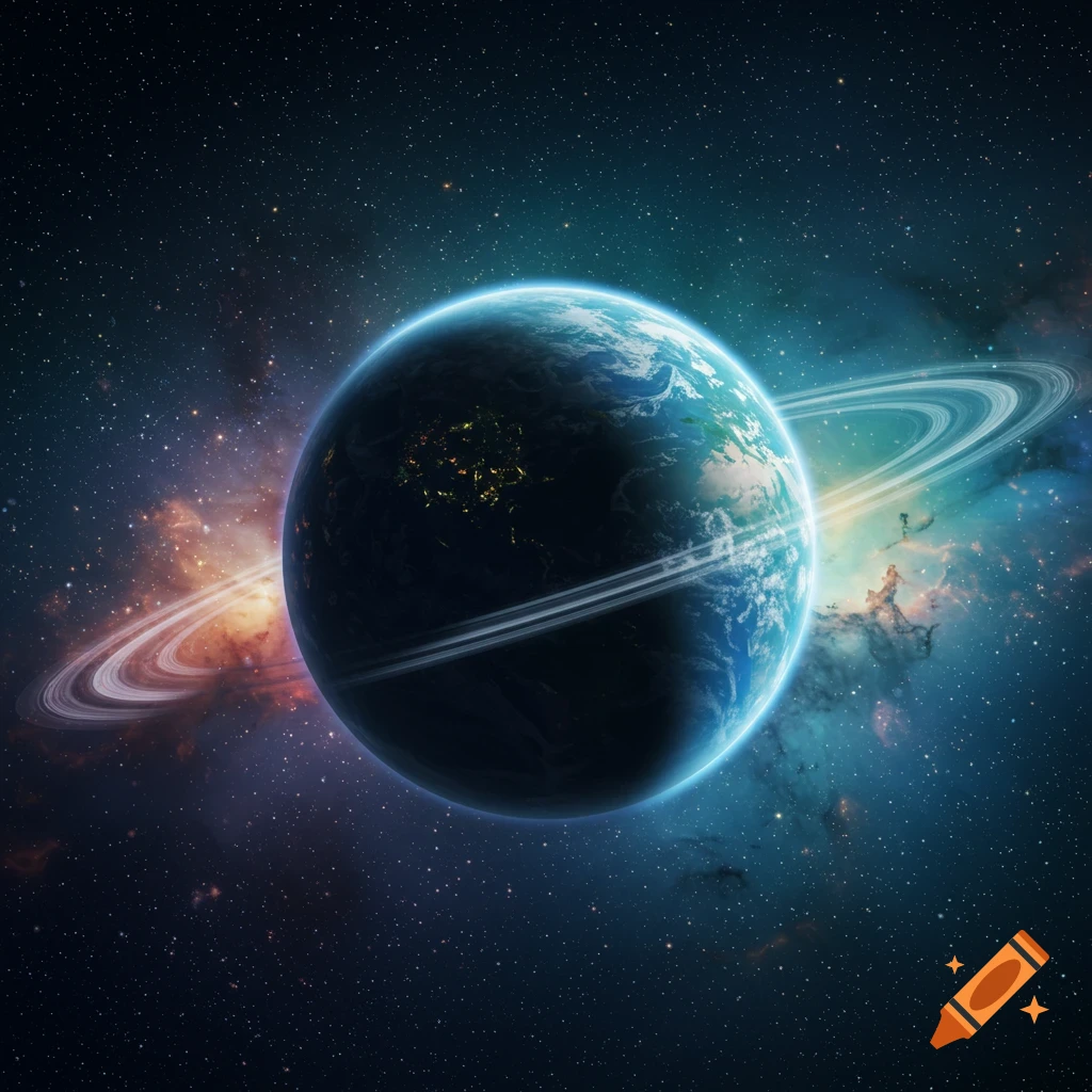 A vibrant blue and green planet with bright rings orbits in space, surrounded by colorful nebulae and stars.