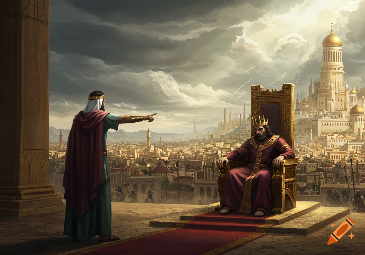 A prophet points towards an indifferent king seated on a throne, overlooking a tense ancient city under a stormy sky.
