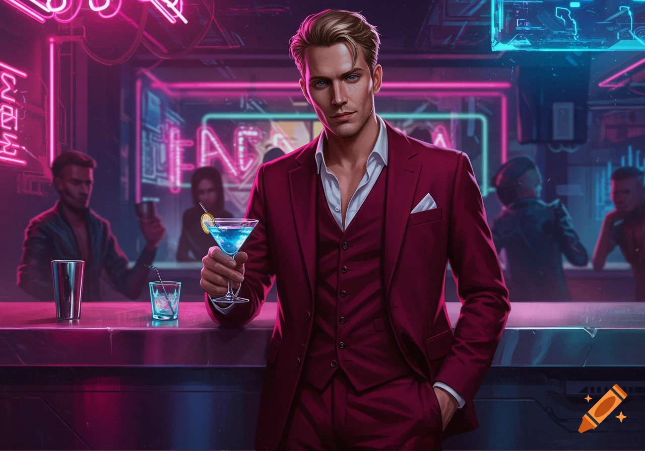 A handsome man in a red suit holds a blue cocktail at a cyberpunk bar with neon lights.