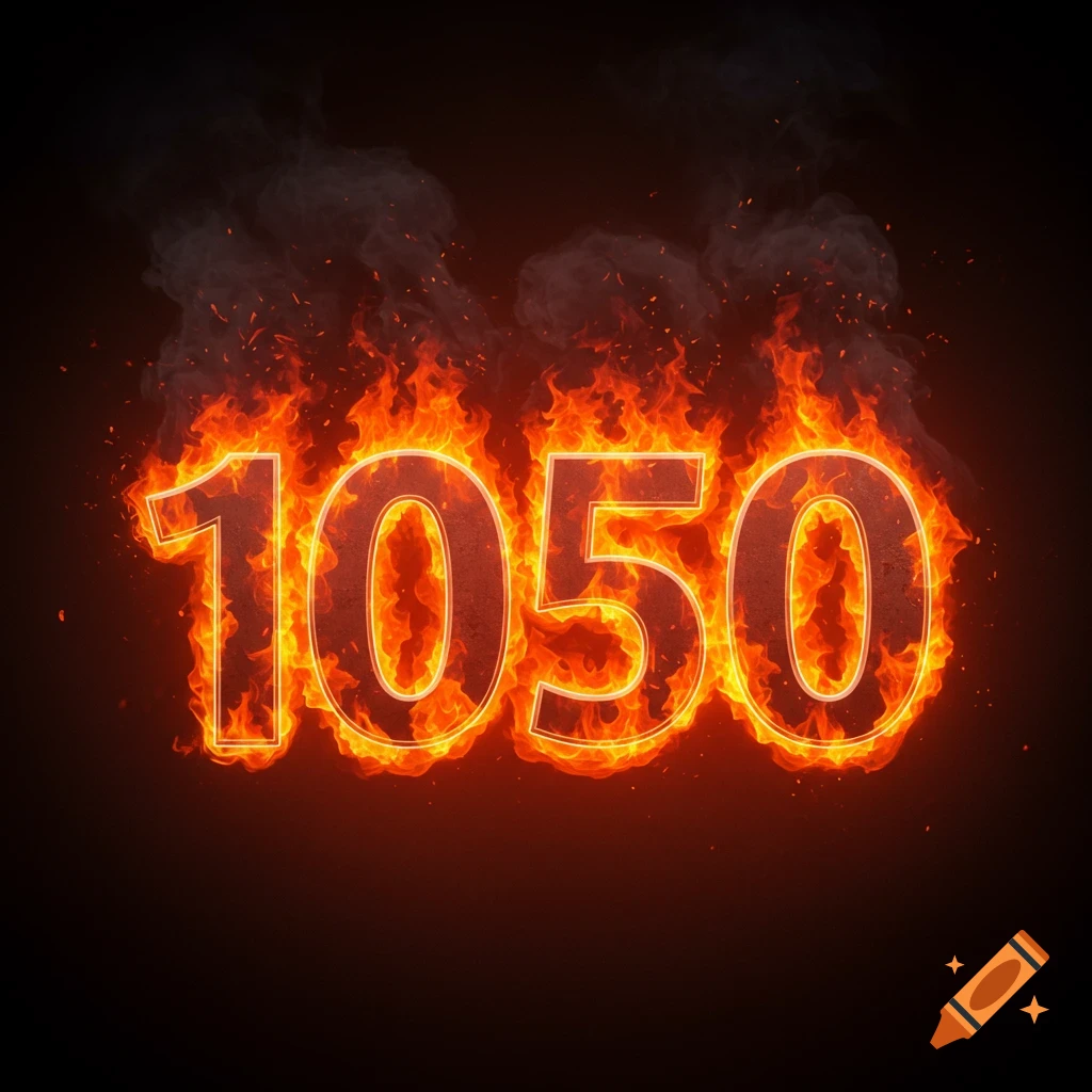 The numbers 1050 engulfed in vibrant orange and yellow flames against a dark background.