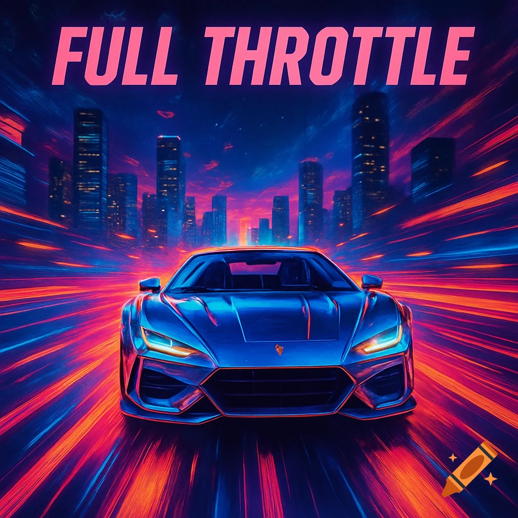 A blue futuristic sports car speeds through a neon-lit city with motion blur, text 'FULL THROTTLE' above.