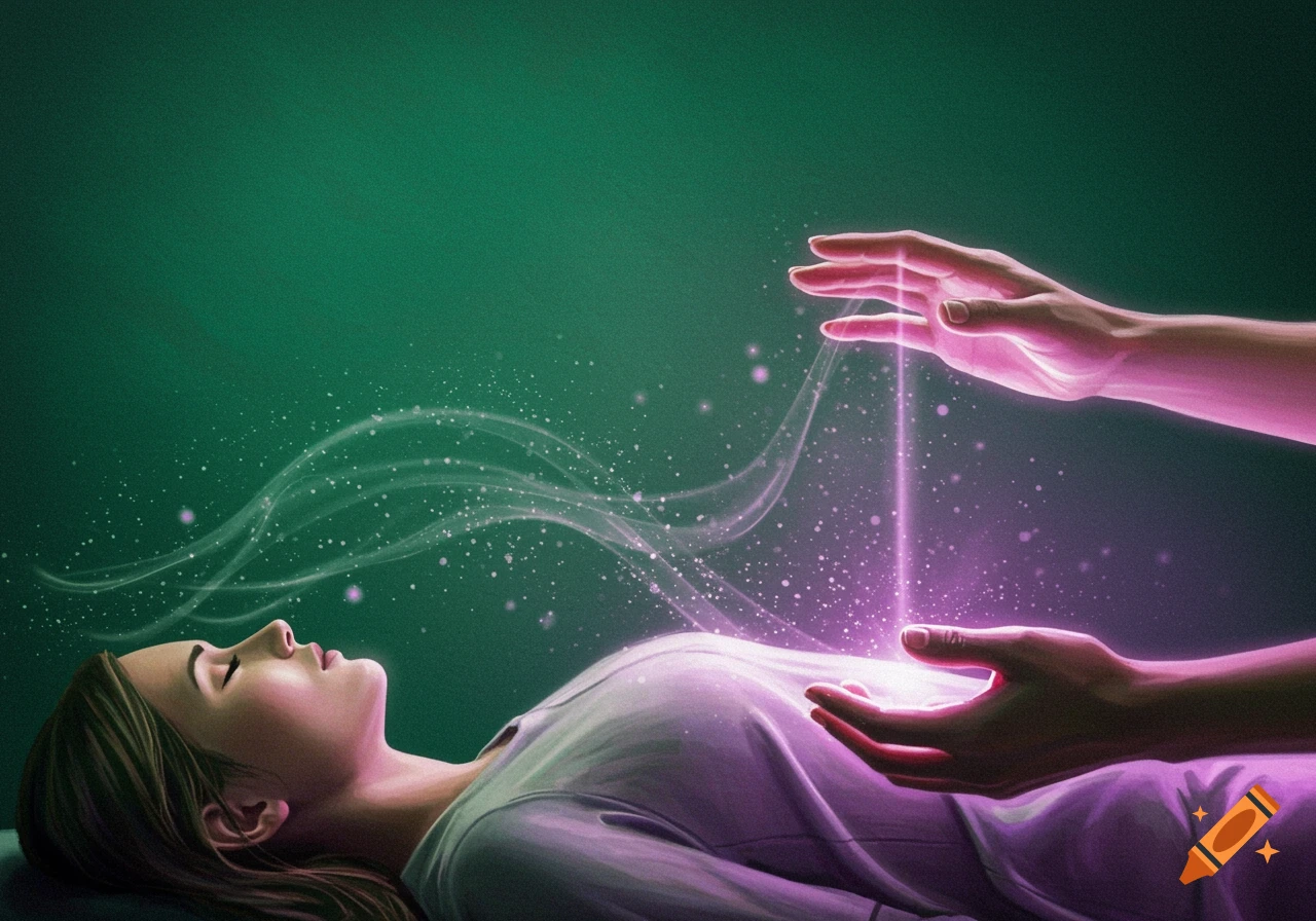 A woman lies with eyes closed as two hands hover above her torso, emitting purple light and energy waves in an emerald green room, illustrating reiki healing.