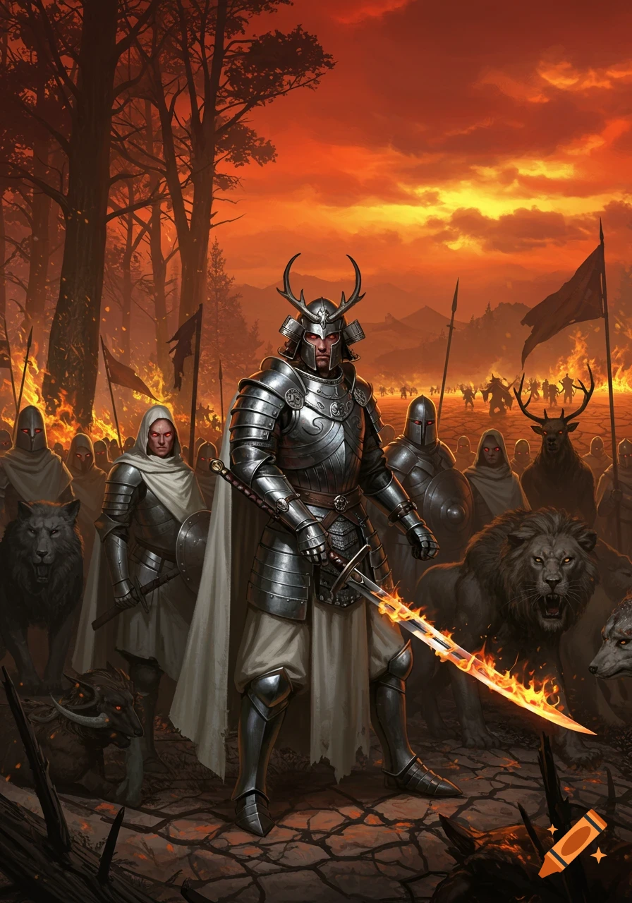 An armored samurai-like commander with a flaming sword leads an army of silver-armored warriors and forest animals through a burning forest under a fiery red sky, facing distant shadowy figures in an epic, dark fantasy scene.