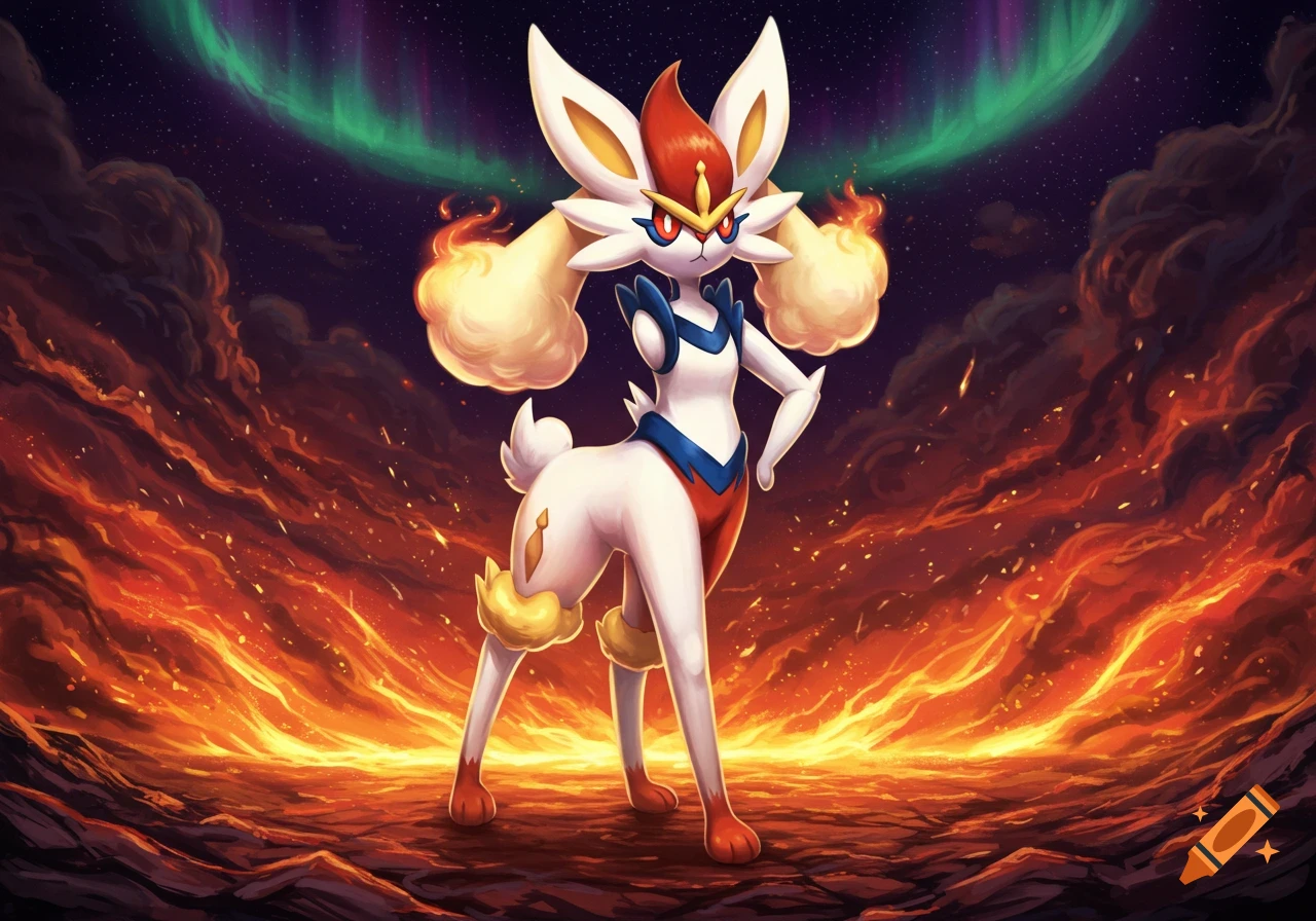 A bipedal, white, red, and blue rabbit-like Pokémon stands on a fiery landscape under a starry sky with a green aurora.