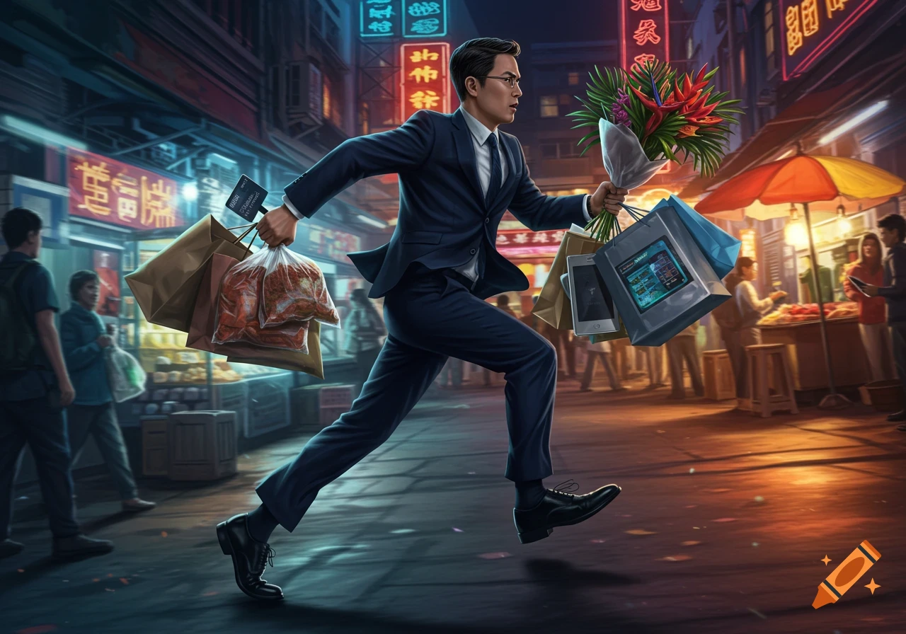 A man in a suit runs through a bustling, neon-lit Asian market street, holding multiple shopping bags, a bouquet of flowers, and a credit card.