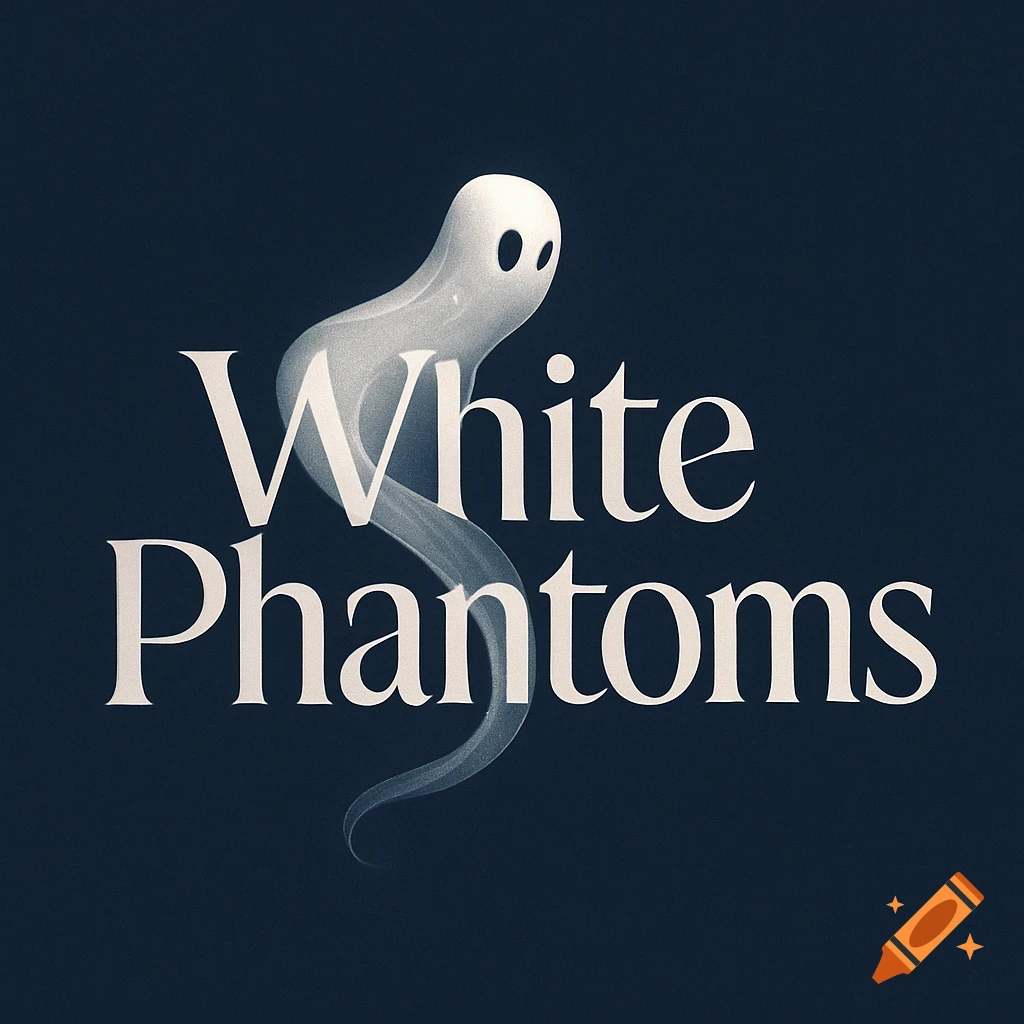 A minimalist drawing of a white ghost with black eyes hovering above the text 'White Phantoms' in a serif font on a dark blue background.